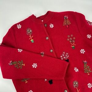 Talbots Red Boiled Wool Christmas Cardigan Sweater XL Embroidered Tree Snowflake